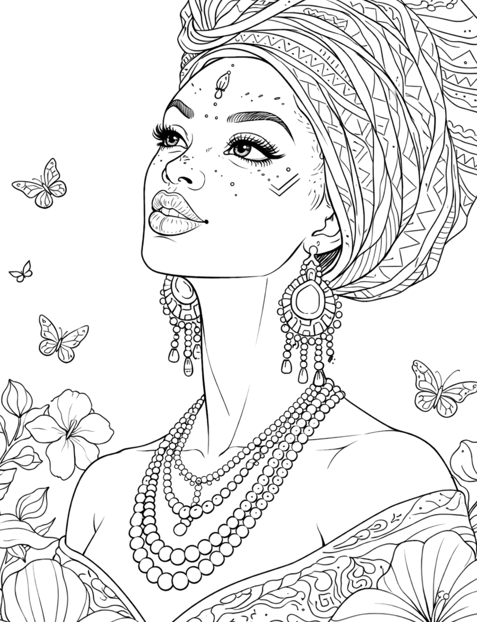 Printable coloring pages — African American woman portrait with butterfly and floral designs