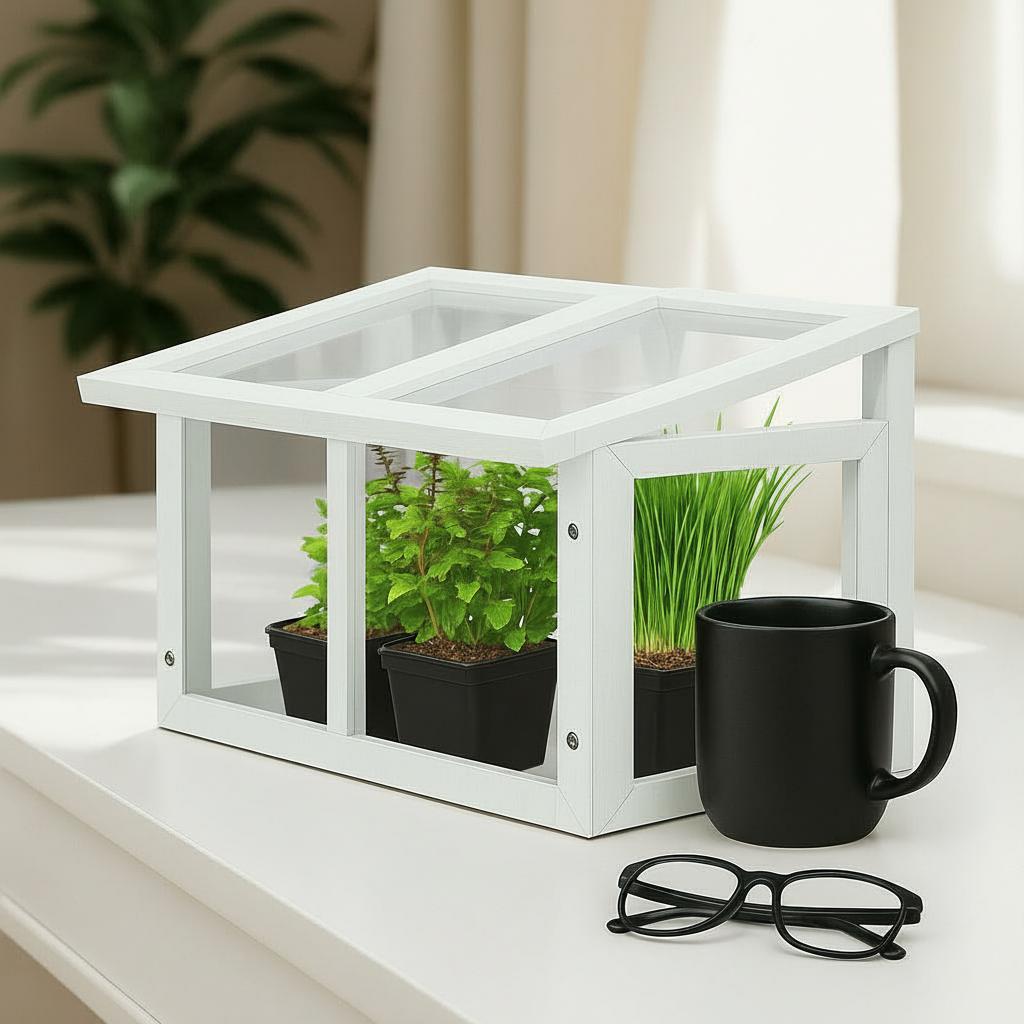 Mini indoor greenhouse with plants growing