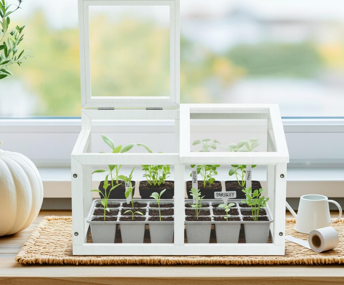 Seeds starting in a tabletop greenhouse